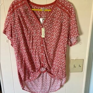 Max Studio Coral Flower Short Sleeve Tie Front Blouse